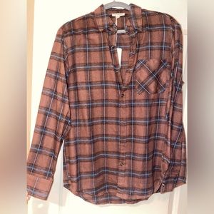 NWT Long Sleeve Brown and Blue Button Down Flannel Top